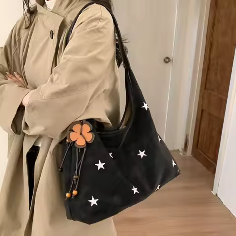 2026 New CEEKAY Black Suede Hobo Bag, Vintage Shoulder Bag with Star Embroidery, Large Capacity Tote