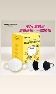 【即寄‼️現貨‼️30個$198】Kakao Friends APEACH Frodo KF94 口罩，🇰🇷韓國製造 KOREA，中/小童適用，黑白兩色