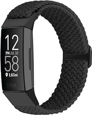 Women Men Elastic Braided Solo Loop Stretchy Straps Nylon SportBand Wristband For Fitbit Charge 4 / Fitbit Charge 3(Black)