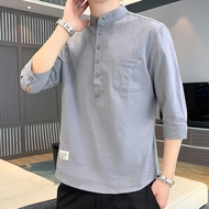 Summer Men's Three-Quarter Sleeve Pure Cotton T-Shirt Trendy Korean Version Stand-Up Collar Pullover