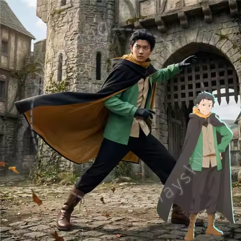Anime Re0 Sage Arc Natsuki Subaru Travel Outfit Cosplay Costume Green Jacket Black Cape Yellow Scarf