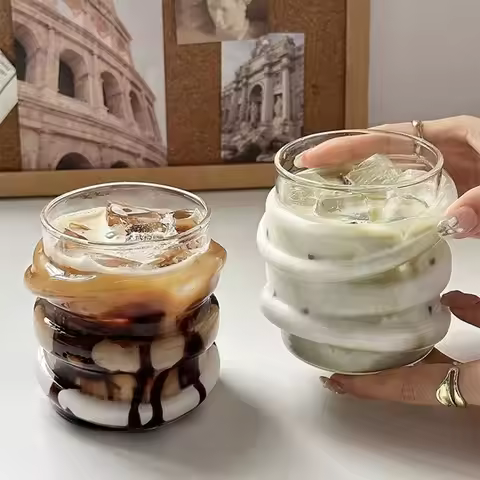 Glass Cup Irregular Circle Beverage Milk Cold Drink Water Cup Plate Vine Wine Cocktail Latte Coffee 