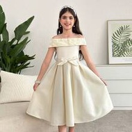 Tween Girls Apricot Embroidered Patchwork Off-Shoulder Cinched Waist Princess Dress, Casual, Formal,