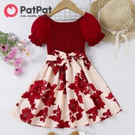 PatPat Toddler Girl Dress New Year Red Sweet Floral Print Smocked Belted Dress Casual Dress For Kids Girls 3 to 4