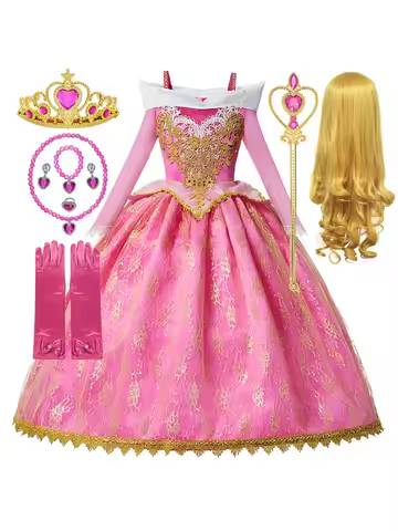 Girl Aurora Princess Dress Children Luxurious Cosplay Costume Rose Pink Briar Rose Outfit Kids Carni