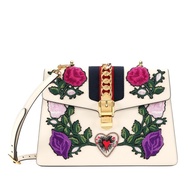 Gucci White Leather and Embroidered Patch Large Sylvie Bag Gold Hardware