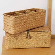 1pc Seagrass Storage Basket With Lid, Handwoven Rattan Rack Organizer Basket, Rectangular Small Stor