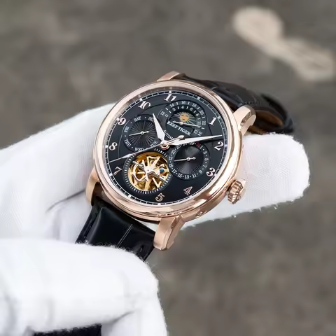 Reef Tiger Master Men's Watch Moonphase Automatic 24-Hour Display Tourbillon Luminous Calfskin Leath