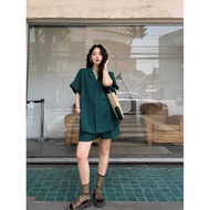 Literary Leisure Outfit - Green Top & Wide-Leg Shorts Set for Women