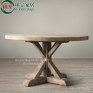 American Country Retro Distressed Solid Wood Round Dining Table Pastoral Medieval Style Furniture B 