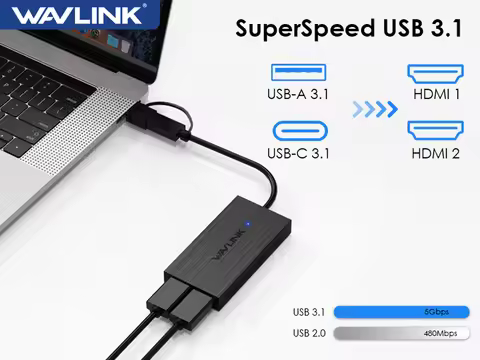 WAVLINK DL6950 Chip DisplayLink 4K 60Hz USB C/USB3.0 to Dual HDMI Adapter Compatible with Windows Ma