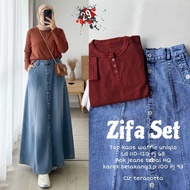 Zifa Uniqlo Waffle Top Set | HQ Thick Jeans Skirt Zifa 29Store Top + Skirt Set Wanita Zifa 29Store
