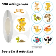 [Roll of 500] Cute Animal Reward Stickers for Children 2.5cm - Round Animal Reward Stickers for Stud