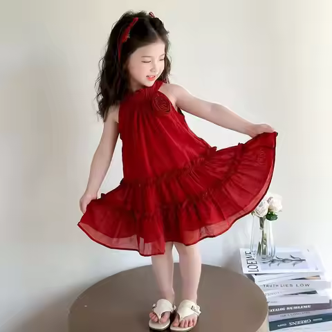 2026 French summer kid baby party princess Girls mesh LACE Teenager vest Patchwork slip dress tutu f