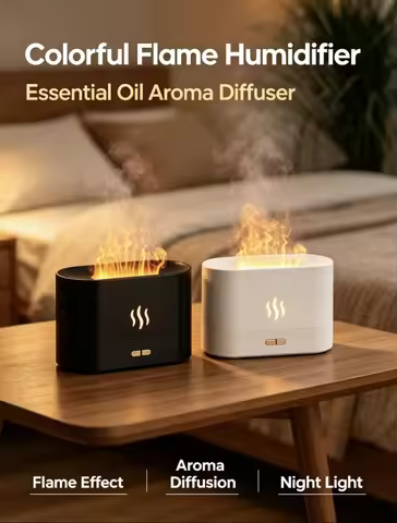 Simulated Flame Aromatherapy Diffuser, Ultrasonic Cool Mist Humidifier, 7 Gears 8 Color LED Night Li