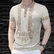 Polo Shirts for Men Barong Tagalog Short Sleeve Vintage Ethnic Style Asean Attire 2025 Modern Barong