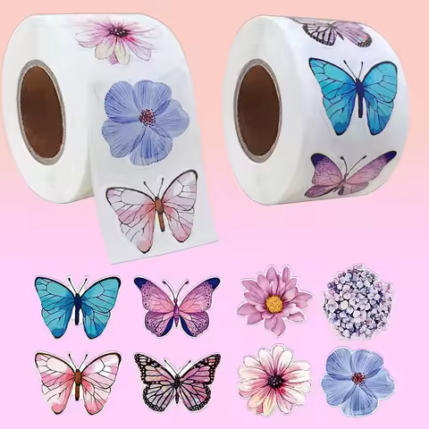 500Pcs/Roll Vivid Butterfly Flowers Stickers 2.5cm/1.0inch Diy Decals Decor Use to Adorn Gifts Noteb