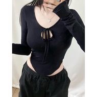 Korean Sexy Women Lace-Up Narrow-Waisted Long-Sleeved T-Shirt Autumn Fashion Tight-Fit