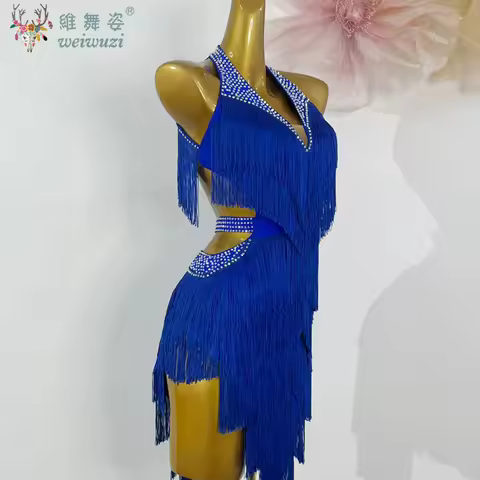 Latin Dance Costume AB Stone Female Adult Children High-End Customized Navy Blue Tassel Dress Black 