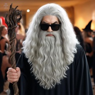 Hobbit Cosplay Wig Beard Set Long Gray Cosplay Wizard Wig for Costume Events Theatrical Performances