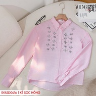Áo sơ mi nữ YOUNGER BY CARDINA chất thô kẻ dáng suông đính đá 5YASD04