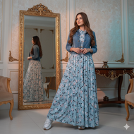 Set Gamis Motif Bunga Dengan Jaket Denim Setelan Dress Muslim Modern Dan Jaket Jeans Wanita