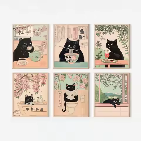 Set of 6 Japanese-style cat prints, black cat canvas posters, suitable for bathrooms and restaurants