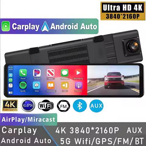 12" 4K 2160P WIFI GPS DashCam Carplay Android Auto Car DVR 1080P Rear Camera BT FM Video Drive Recor