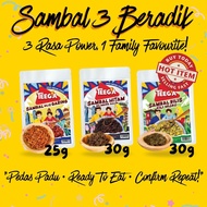 TEEGA Sambal 3 Beradik - Bilis Garing, Sambal Hitam, Cili Hijau 25 - 30g | Travel Pack Ready To Eat