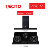 (HOOD + HOB) Tecno KA 2238BK / KA2238BK Matte Black Chimney Cooker Hood + Tecno T 333TGSV / T333TGSV (90cm) 3-Burner Tempered Glass Cooker Hob