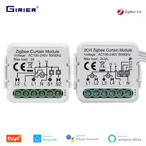 GIRIER Tuya ZigBee 3.0 Smart Blind Curtain Switch Module Supports 2 Way Control Roller Shutter Motor