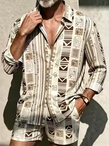 2026 Men's Casual Shirt with Ethnic Geometric Patterns, Bohemian Style for Year-Round Wear