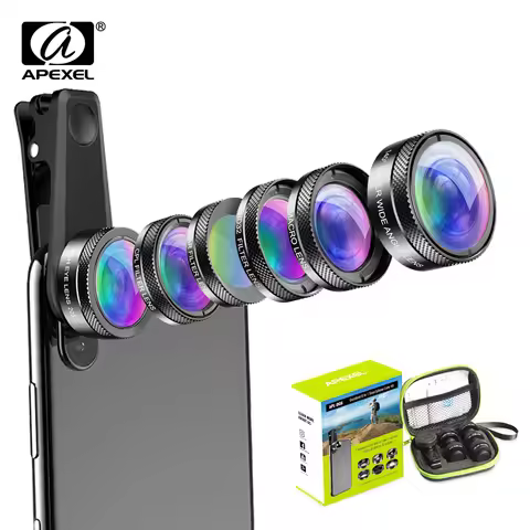 APEXEL 6 in 1 Phone Camera Lens Kit Wide Angle macro Lens Fish Eye Lens CPL/Star Filter ND32 for iPh