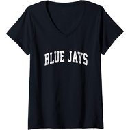 V-neck t-shirt with Blue Jays mascot design for women. Vintage sports style design.
