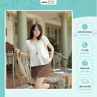 ODS Cream Shirt with round neck design, lace lining, pleated body, puffy short sleeves, youthful but