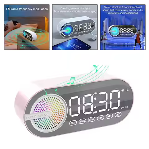 USB Charging FM Radio Alarm Clock Wireless Bluetooth Speaker RGB LED Mirror Digital Clock For Bedroo