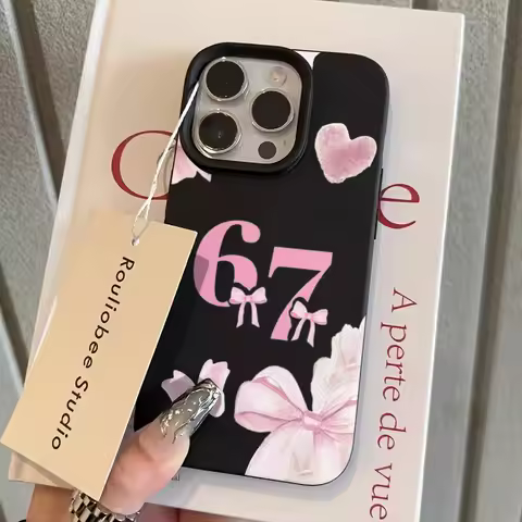 Bow Number 67 Pattern Lychee Phone Case For iPhone 17 Air 11 13 14 12 15 16 Pro Max XS XR 7 8 Plus 1
