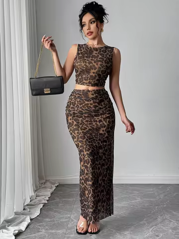 Women's Leopard-Print Tank Top and Slit Skirt Set