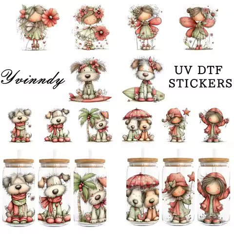 5Pcs/Set Retro Elf 16OZ Glass Jar Transfer Paper UV DTF High Self-Adhesive Transfer Paper Suitable F