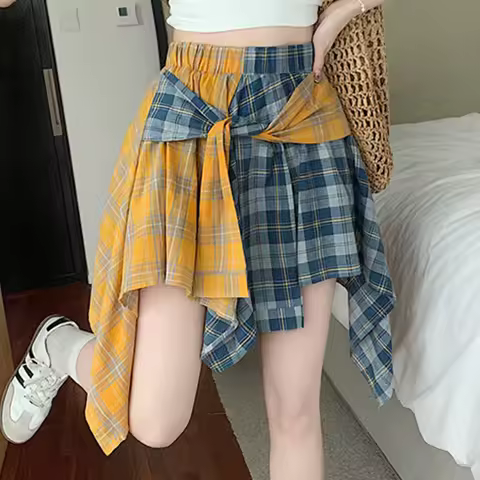 Patchword Plaid Skirt Two-Tone Shirt Checked Mini Skirt for Women Teen-girl Y2K Japan Harajuku Grung