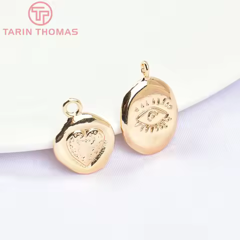(5673)6PCS 24K Gold Color Brass Irregular Edge Heart-shaped Charms Eye Pattern Pendants High Quality