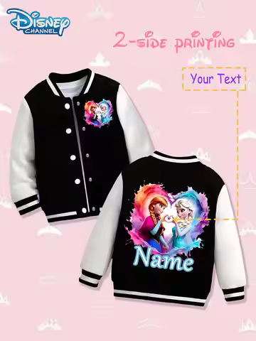 Disney Frozen Sisters Baseball Jacket for Kids - Double-sided prints show Elsa and Anna's heart-shap