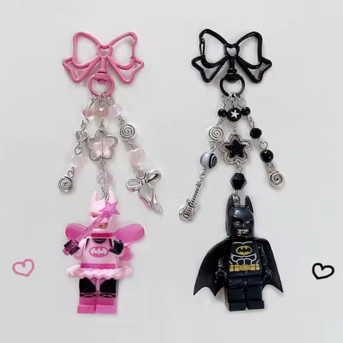 Handmade 3D Fairy Keychain Y2K Pink and Black Beaded Keychain Gift