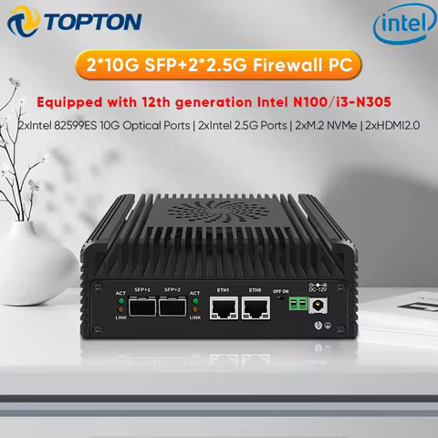 12th Gen Firewall Mini PC Intel i3 N355 N305 N150 Soft Router 2x10G SFP+2xi226-V 2.5G 2xNVMe 2xHD DD