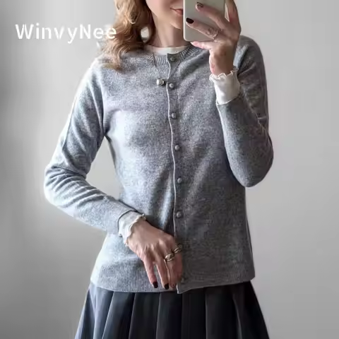WinvyNee Women's Clothing Wool Cardigans Long Sleeve Sweater Solid Casual O Neck Warm Outerwear Knit