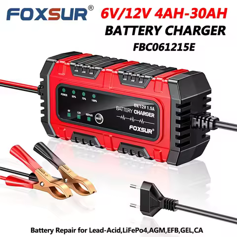 FOXSUR 12V 1.5A Battery Charger FBC061215E 6V 4AH-30AH LiFePo4 AGM EFB GFL Battery Maintainer Univer