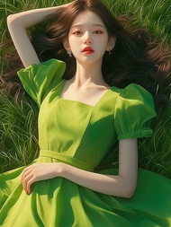 กระโปรงยาวสีเขียวมิ้นท์แมมโบ้สีเขียวรับลมเดรสลายสก็อตฤดูร้อน Coffee Break แขนกุดสไตล์ฝรั่งเศส