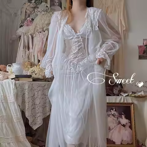 Women French Nightdress Princess Sleepwear White Lace Fairy Night Dress Victorian Vintage Nightgown 