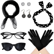 7 Pcs 50's Women Costume Accessories Set Cat Eye Glasses Scarf Bandana Headband Drop Dot Earrings fo