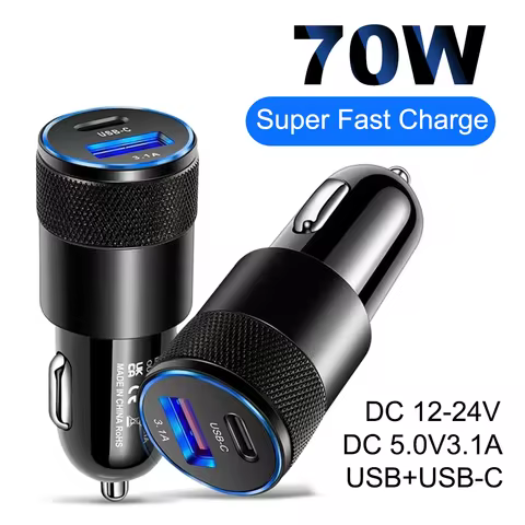 Mini 70W Car Charger PD USB C Quick Charge QC3.0 Fast Charging Type C Car Charger Phone Adapter for